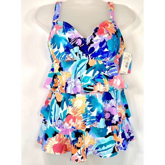 Swim Solutions Triple Tier Colorful Floral Printed Tankini Swim Top, US 8 NWT - Picture 1 of 9